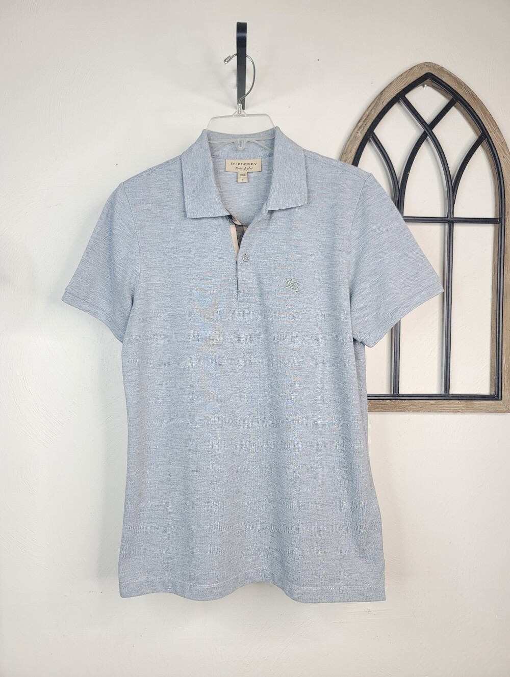 Burberry London Men's Polo Shirt Blue Gray 100% Cotton Equestrian Knight Logo M